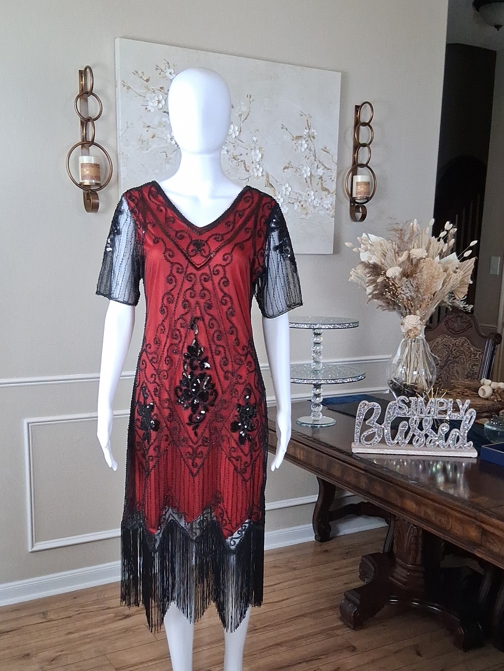 New Women's Red And Black Beaded V-Neck Fringe Cocktail Summer Dress Medium - Picture 12 of 16